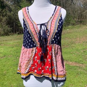 Patrons of Peace Medium Sleeveless Boho Bright Floral Flowy Patchwork Top